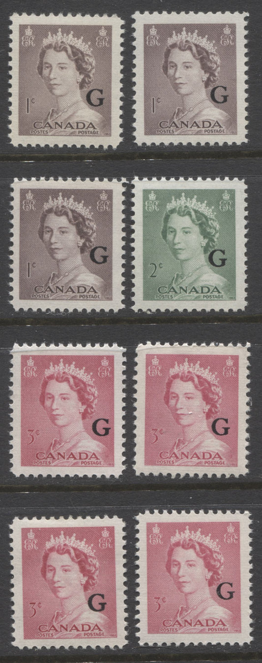 Lot 241 Canada #O33-O35 1c-3c Violet Brown, Pale Green, & Cerise Queen Elizabeth II, 1953-1954 Karsh Issue, 8 VFNH Singles , Various Shades, Different Perfs, Different From Lot 240