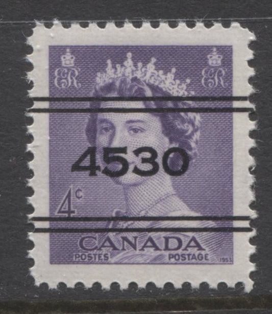 Lot 243 Canada #328xx 4c Violet Queen Elizabeth II, 1953-1954 Karsh Issue, A VFNH Single , Toronto Precancel