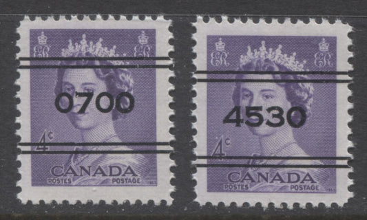 Lot 244 Canada #328xx 4c Violet Queen Elizabeth II, 1953-1954 Karsh Issue, 2 VFNH Singles, Montreal & Toronto Precancels