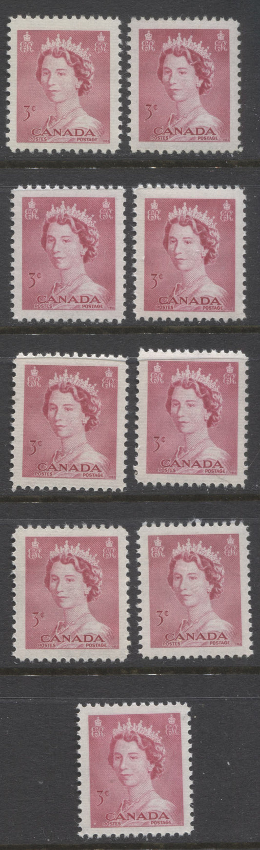 Lot 245 Canada #327 3c Cerise Queen Elizabeth II, 1953-1954 Karsh Issue, 9 VFNH Singles, Various Shades, Different Perfs