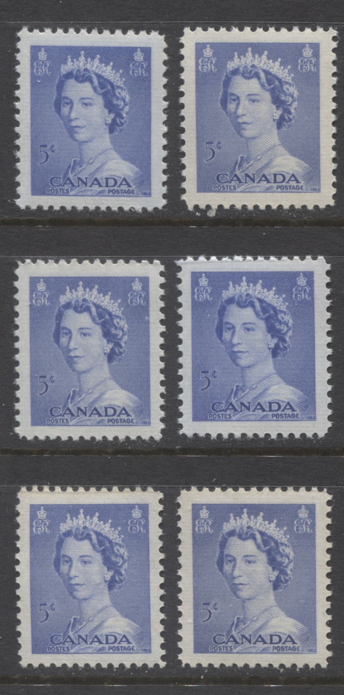 Lot 248 Canada #329 5c Ultramarine Queen Elizabeth II, 1953-1954 Karsh Issue, 6 VFNH Singles, Various Shades, Different Perfs