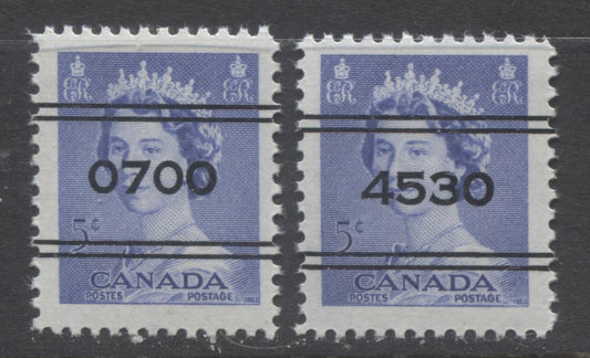 Lot 249 Canada #329xx 5c Ultramarine Queen Elizabeth II, 1953-1954 Karsh Issue, 2 VFNH Singles, Montreal & Toronto Precancels