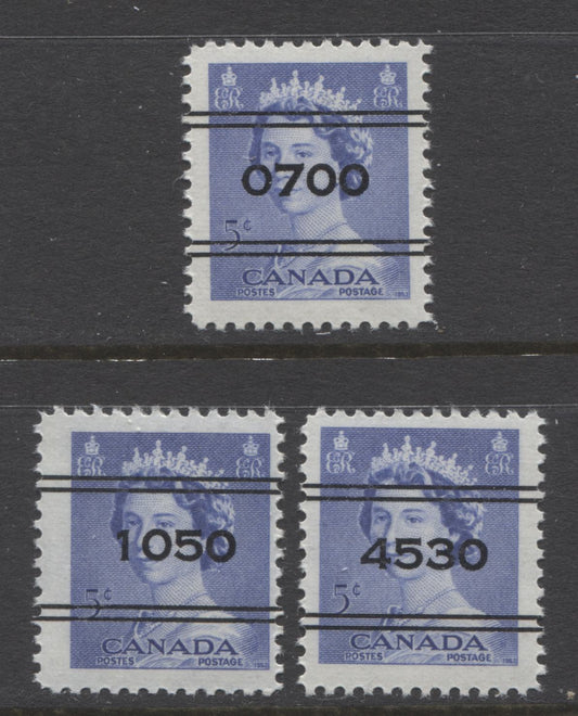 Lot 250 Canada #329xx 5c Ultramarine Queen Elizabeth II, 1953-1954 Karsh Issue, 3 FNH Singles, Montreal, Quebec City & Toronto Precancels