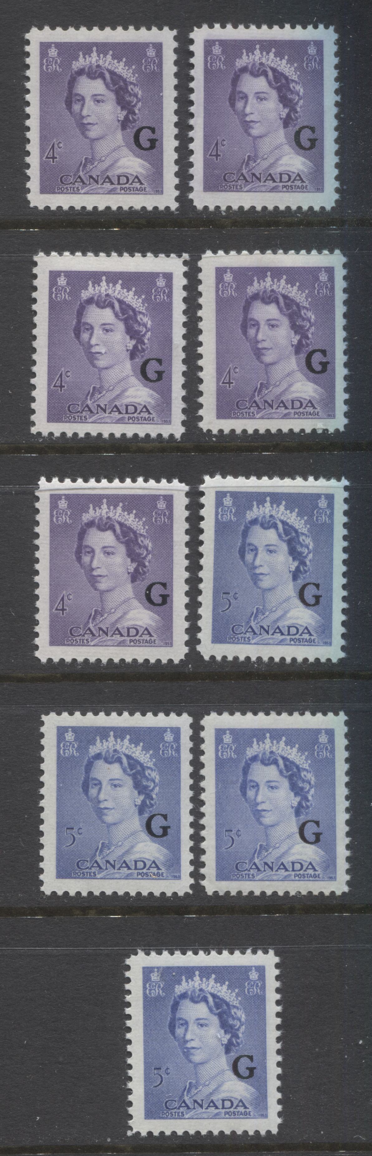 Lot 251 Canada #O36-O37 4c-5c Violet & Ultramarine Queen Elizabeth II, 1953-1954 Karsh Issue, 9 VFNH Singles, Various Shades, Different Perfs