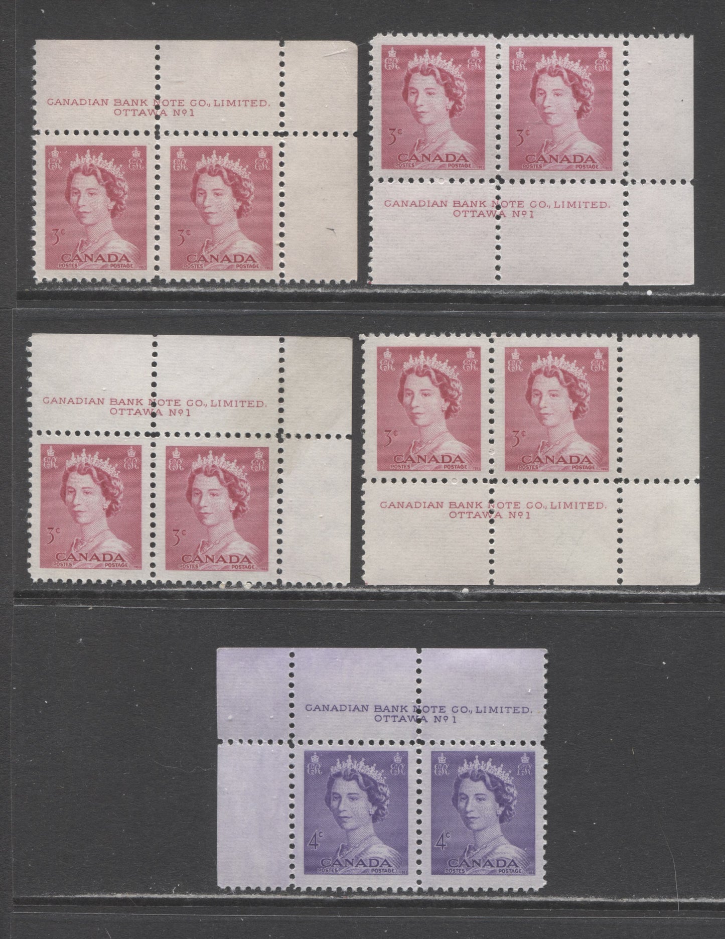 Lot 252 Canada #327-328 3c-4c Cerise & Violet Queen Elizabeth II, 1953-1954 Karsh Issue, 5 VFNH Plate 1 Inscription Pairs, Different Perfs
