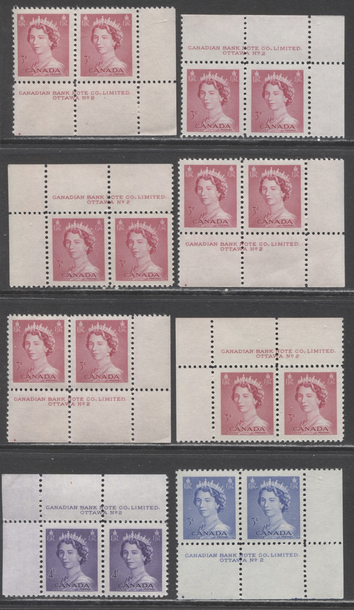 Lot 254 Canada #327-329 3c-5c Cerise, Violet & Ultramarine Queen Elizabeth II, 1953-1954 Karsh Issue, 8 VFNH Plate 2 Inscription Pairs, Different Perfs