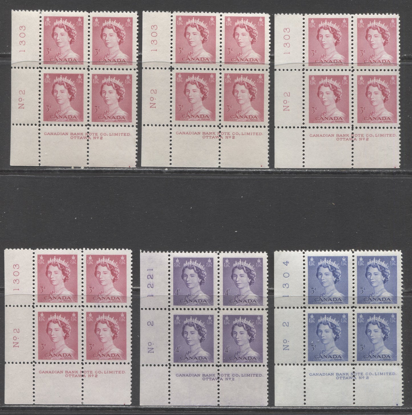 Lot 255 Canada #327-329 3c-5c Cerise, Violet & Ultramarine Queen Elizabeth II, 1953-1954 Karsh Issue, 6 FNH & VFNH LL Plate 2 Inscription Blocks, Various Shades, Different Perfs