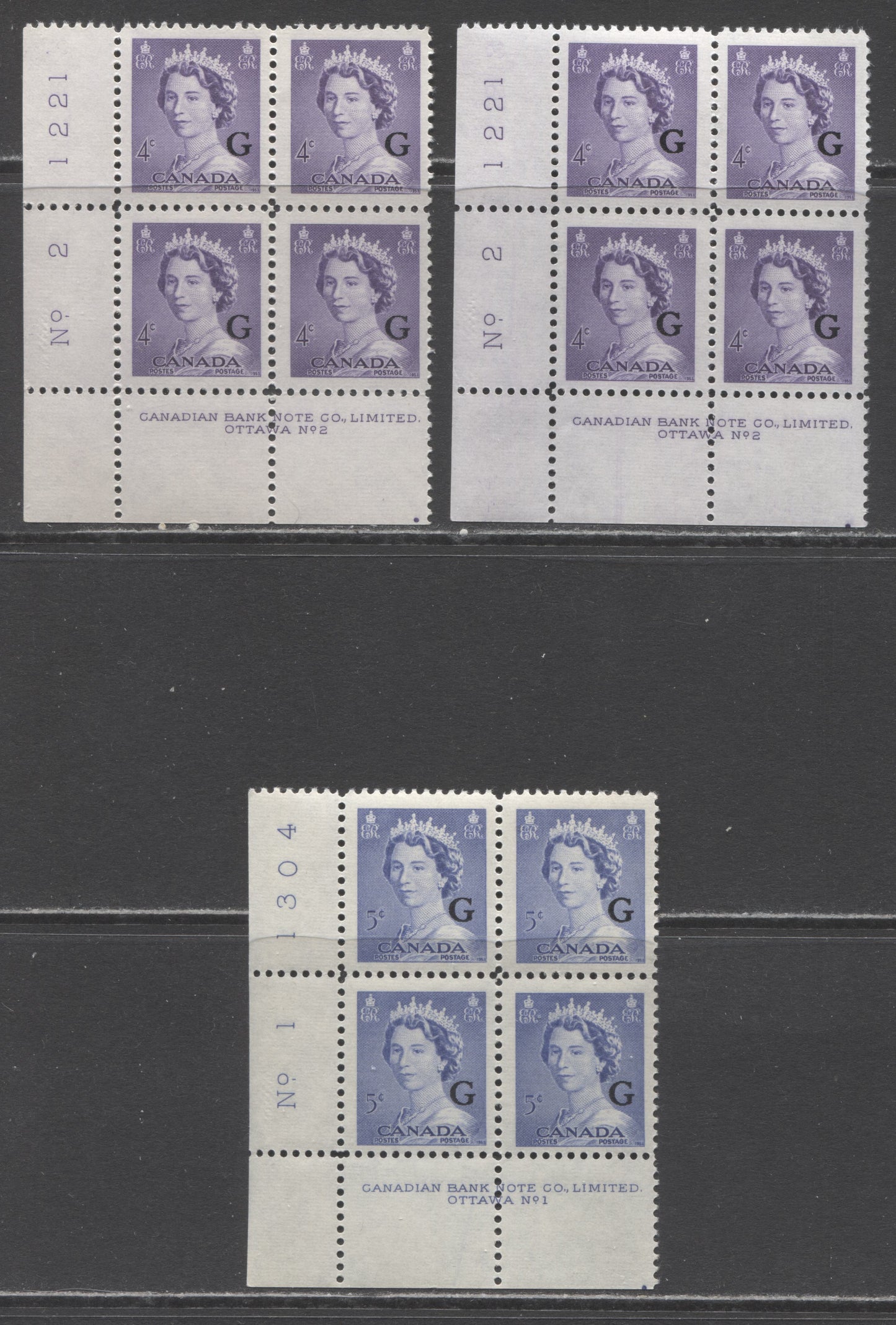 Lot 256 Canada #O36-O37 4c-5c Violet & Ultramarine Queen Elizabeth II, 1953-1954 Karsh Issue, 3 FNH & VFNH LL Plate 1-2 Inscription Blocks, Different Perfs
