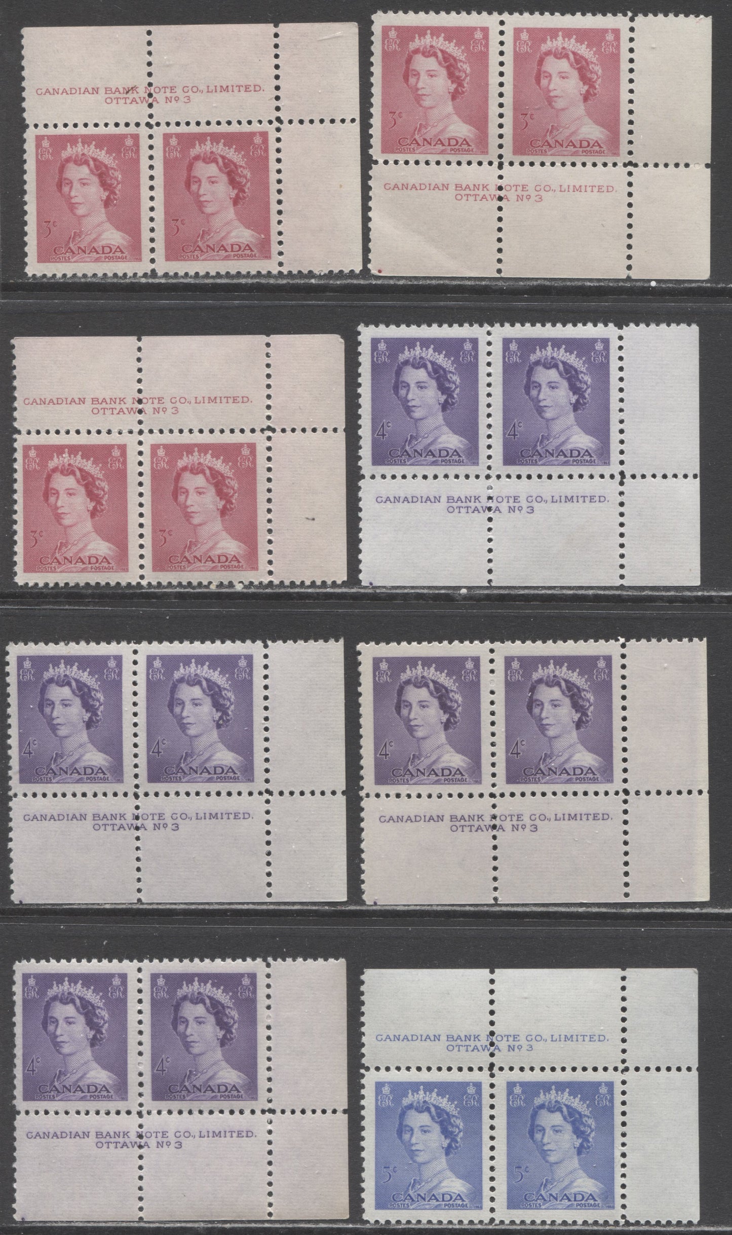 Lot 257 Canada #327-329 3c-5c Cerise, Violet & Ultramarine Queen Elizabeth II, 1953-1954 Karsh Issue, 8 VFNH Plate 3 Inscription Pairs, Different Perfs