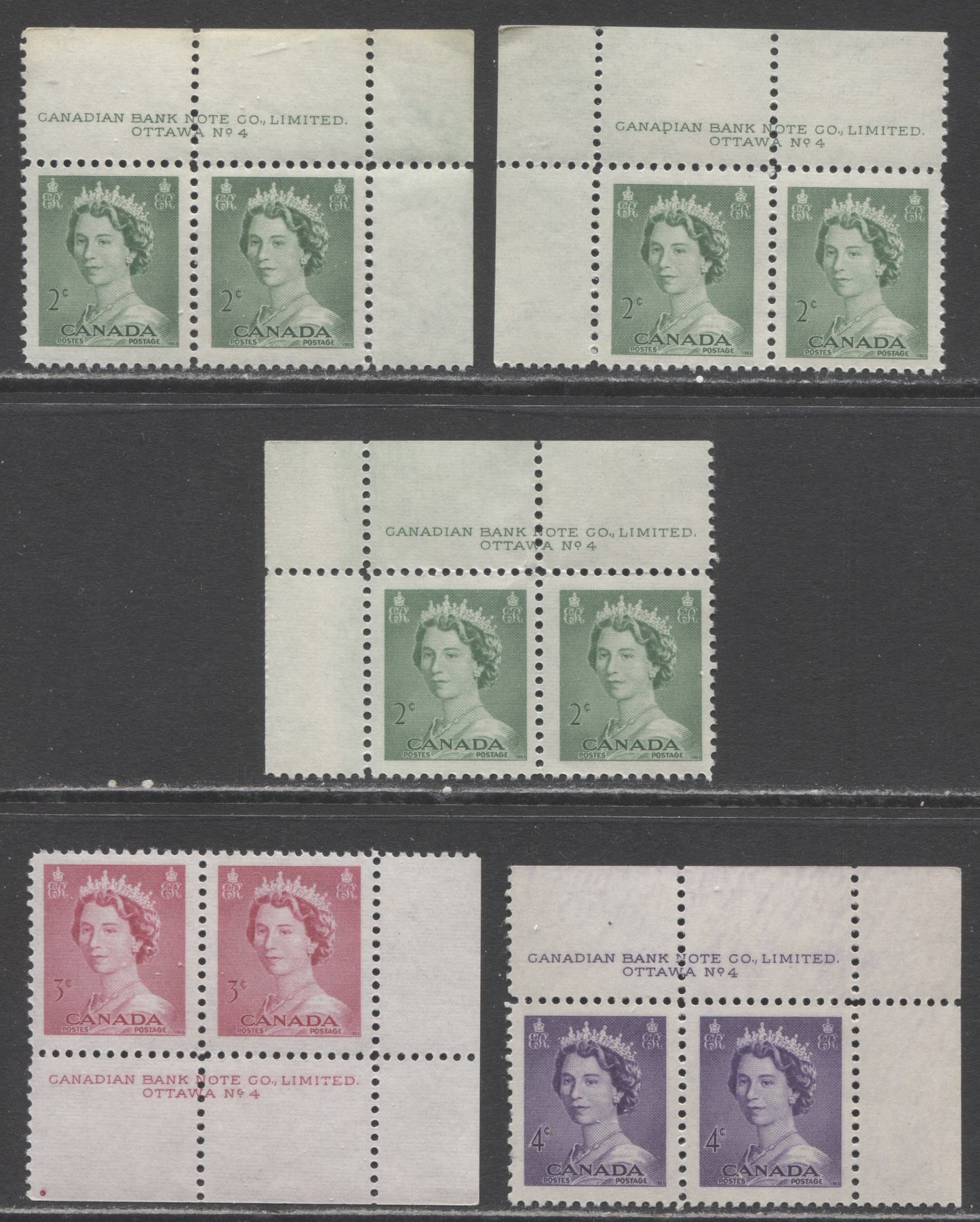 Lot 259 Canada #326-328 2c, 4c Pale Green & Violet Queen Elizabeth II ...