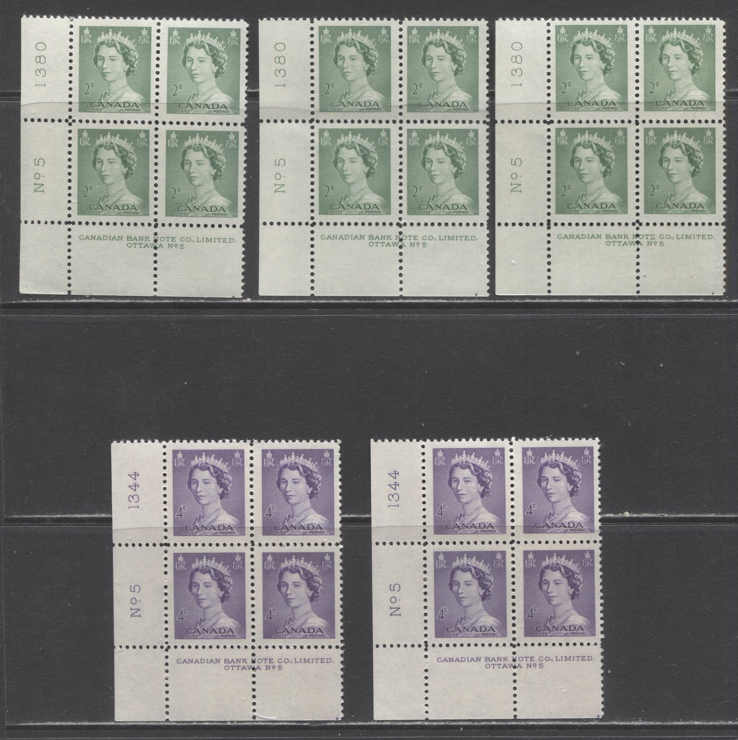 Lot 262 Canada #326, 328 2c, 4c Pale Green & Violet Queen Elizabeth II, 1953-1954 Karsh Issue, 6 VFNH LL Plate 5 Inscription Blocks, Different Perfs