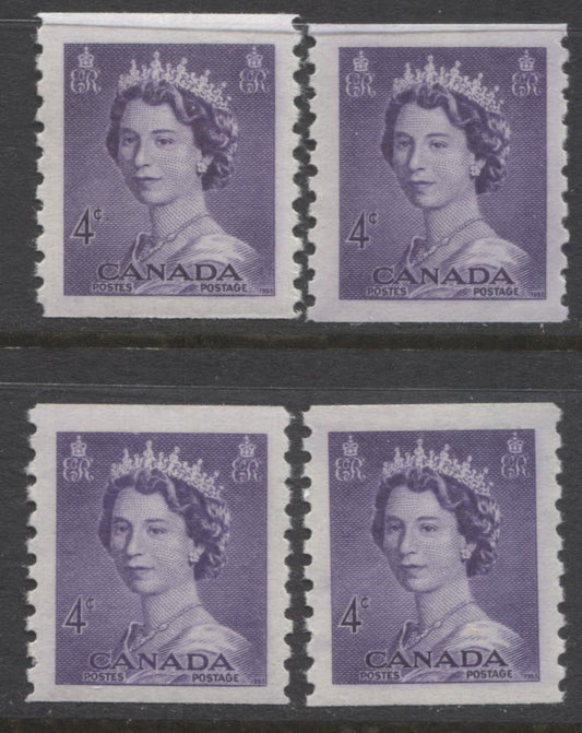 Lot 272 Canada #333 4c Violet Queen Elizabeth II, 1953-1954 Karsh Issue, 4 VFNH Coil Singles, Smooth & Vertical Ribbed Papers, Yellow & Cream Gums