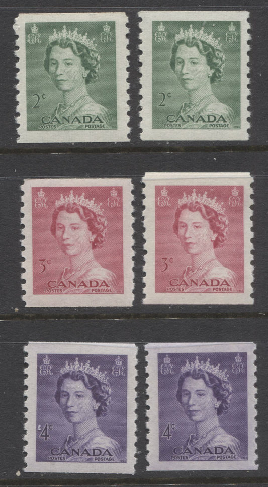 Lot 273 Canada #331-333 2c-4c Pale Green - Violet Queen Elizabeth II, 1953-1954 Karsh Issue, 6 VFNH Coil Singles, Smooth & Vertical Ribbed Papers