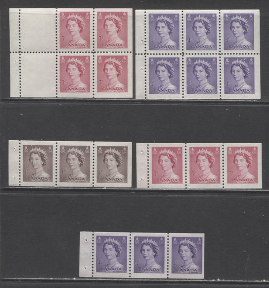 Lot 274 Canada #325a, 327a-b, 328a-b 1c, 3c, 4c Violet Brown, Cerise & Violet Queen Elizabeth II, 1953-1954 Karsh Issue, 5 VFNH Booklet Panes of 3, 6 & 5 + Label