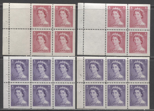Lot 275 Canada #327b, 328b 3c-4c Cerise & Violet Queen Elizabeth II, 1953-1954 Karsh Issue, 4 VFNH Booklet Panes of 6 & 5 + Label, Different Shades On 3c, Cream and Yellowish Gum On 4c