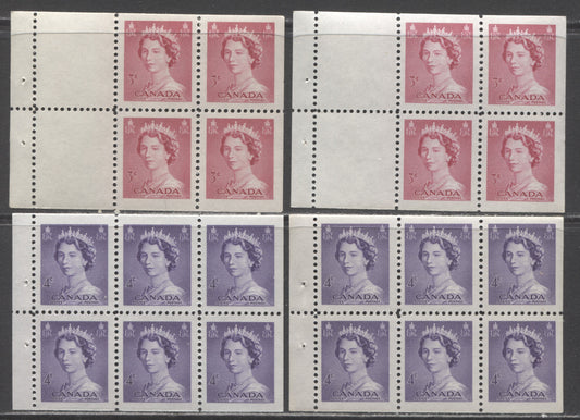Canada #327b, 328b 3c-4c Cerise & Violet Queen Elizabeth II, 1953-1954 Karsh Issue, 4 VFNH Booklet Panes of 6 & 5 + Label, Different Shades On 3c, Cream and Yellowish Gum On 4c