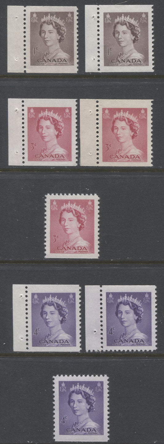 Lot 276 Canada #325as, 327as-bs, 328as-bs 1c, 3c, 4c Violet Brown, Cerise & Violet Queen Elizabeth II, 1953-1954 Karsh Issue, 8 VFNH Booklet Singles, From Centre and Tab Edges of Booklets, Different Shades