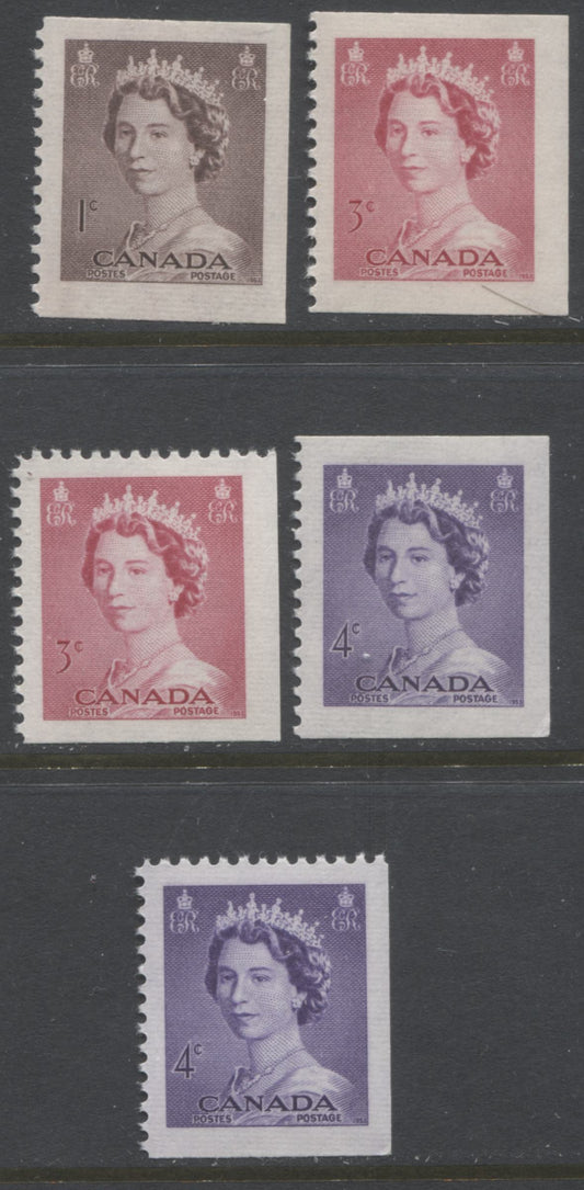 Lot 277 Canada #325as, 327as-bs, 328as-bs 1c, 3c, 4c Violet Brown, Cerise & Violet Queen Elizabeth II, 1953-1954 Karsh Issue, 5 VFNH Booklet Singles, From End of Booklet Rows