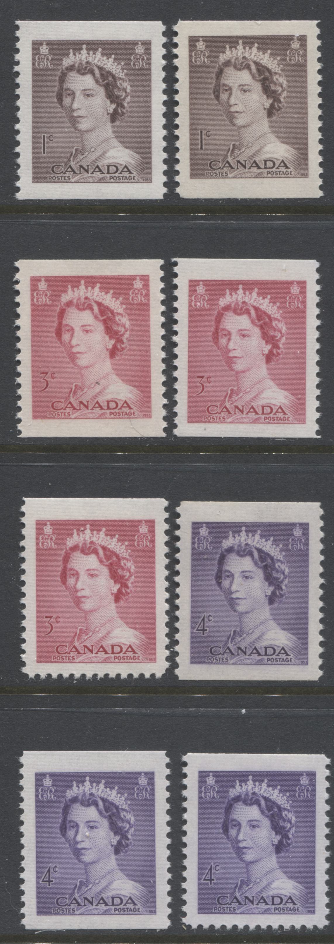 Lot 278 Canada #325as, 327as-bs, 328as-bs 1c, 3c, 4c Violet Brown, Cerise & Violet Queen Elizabeth II, 1953-1954 Karsh Issue, 8 VFNH Booklet Singles, From Centre Of Booklet Rows, Different Shades