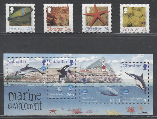 Lot 3 Gibraltar SC#662/A171 1994-1998 Marine Life Issues, 5 VFNH Singles & Souvenir Sheet Of 4, 2017 Scott Cat. $13.5