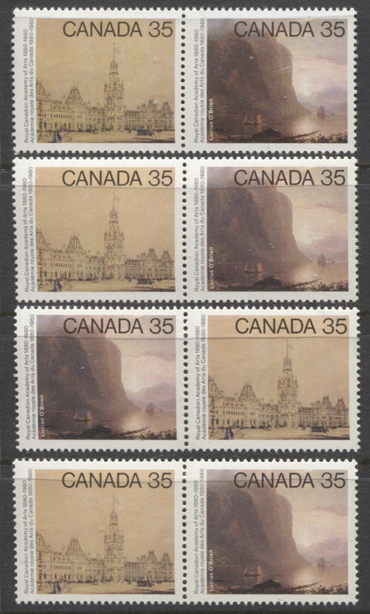 Canada #852a 35c Multicoloured Parliament Buildings, Sunrise On The Saguenay, 1980 Academy of Arts Issue, 4 VFNH Horizontal Se-Tenant Pairs, Unlisted Bright White DF/DF Paper, LF Paper And Variations OF DF/DF Creamy White Paper