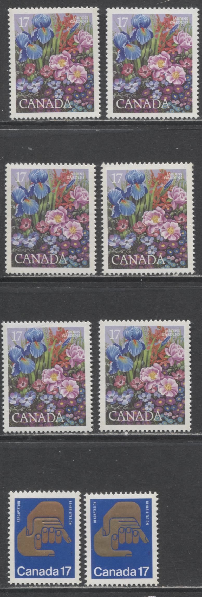 Canada #855-856 17c Multicoloured Flower Garden & Clasped Hands, 1980 Les Floralies & Rehabilitation International Issues, 8 VFNH Singles, Various DF/LF, DF/DF and NF/NF Papers, Copper & Gold Shades on Upper Hand