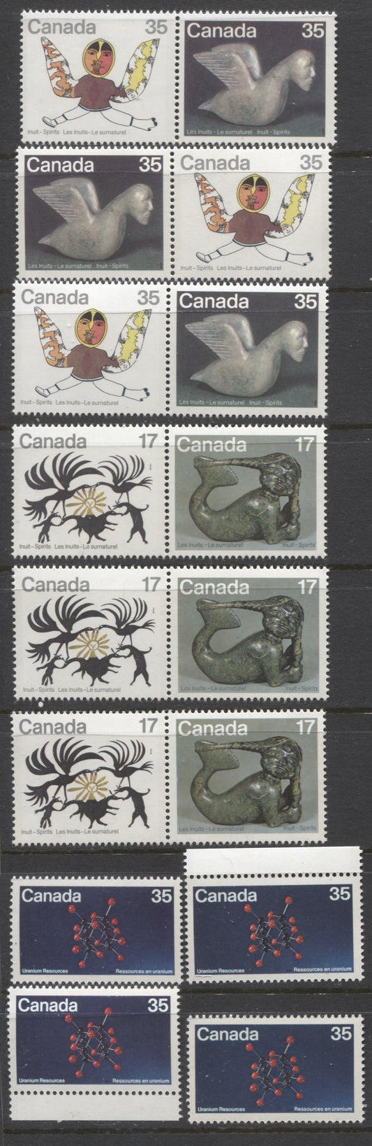 Canada #865-869a 17c & 35c Multicoloured Uranite Structure & Spirit Figues, 1980 Uranium & Inuit Spirits Issues, 6 VFNH Horizontal Se-Tenant Pairs & 4 Singles,Various DF/DF, DF/NF, NF/NF Papers