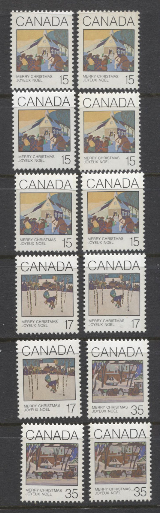 Canada #870-872 15c-35c Multicoloured Christmas Scenes, 1980 Christmas Issue, 12 VFNH Singles, Various DF/DF, NF/NF, NF/NF-fl Papers