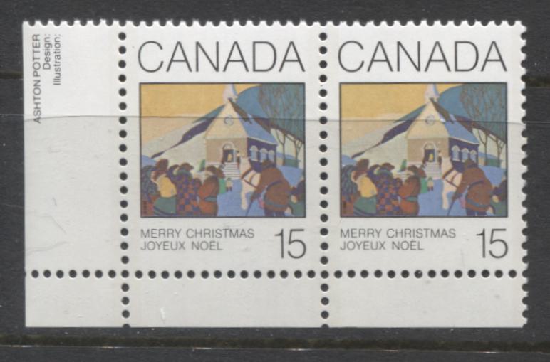 Lot 357 Canada #870var 15c Multicoloured Christmas Morning, 1980 Christmas Issue, A VFNH LL Horizontal Pair, Black Dot In Trees (Pos. 47), Between Stamps & To Left Of Canada, DF1/DF1 Paper, Possibly Tertiary