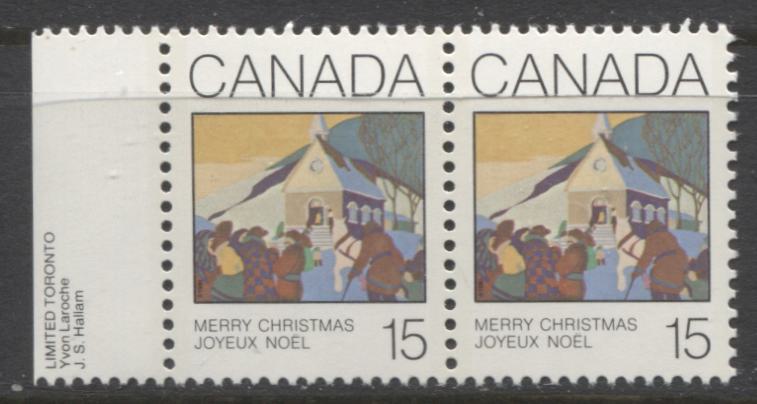 Lot 360 Canada #870var 15c Multicoloured Christmas Morning, 1980 Christmas Issue, A VFNH Horizontal Pair, Pink Spot On Mountain (Pos. 42), NF/NF Paper, Possibly Constant OrTertiary