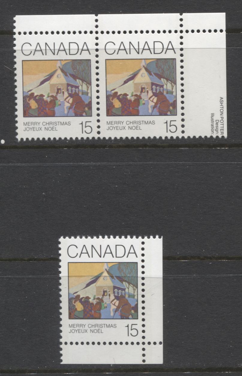 Lot 361 Canada #870var 15c Multicoloured Christmas Morning, 1980 Christmas Issue, A VFNH Horizontal Pair, Black Dot Above "1" (Pos. 5) & Dot Under "N" Of "Noel" (Pos. 50), DF1/DF1, Possibly Tertiary