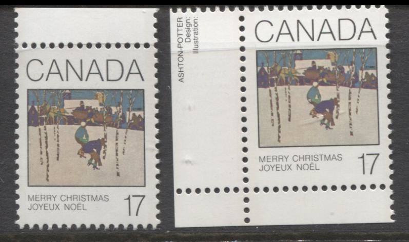 Lot 362 Canada #871var 17c Multicoloured Sleigh Ride, 1980 Christmas Issue, 2 VFNH Singles, Black Dot Above "M" of "Christmas" & Damaged "A" Of "Canada" (Pos. 46), NF/NF and NF/NF-fl Papers, Possibly Tertiary