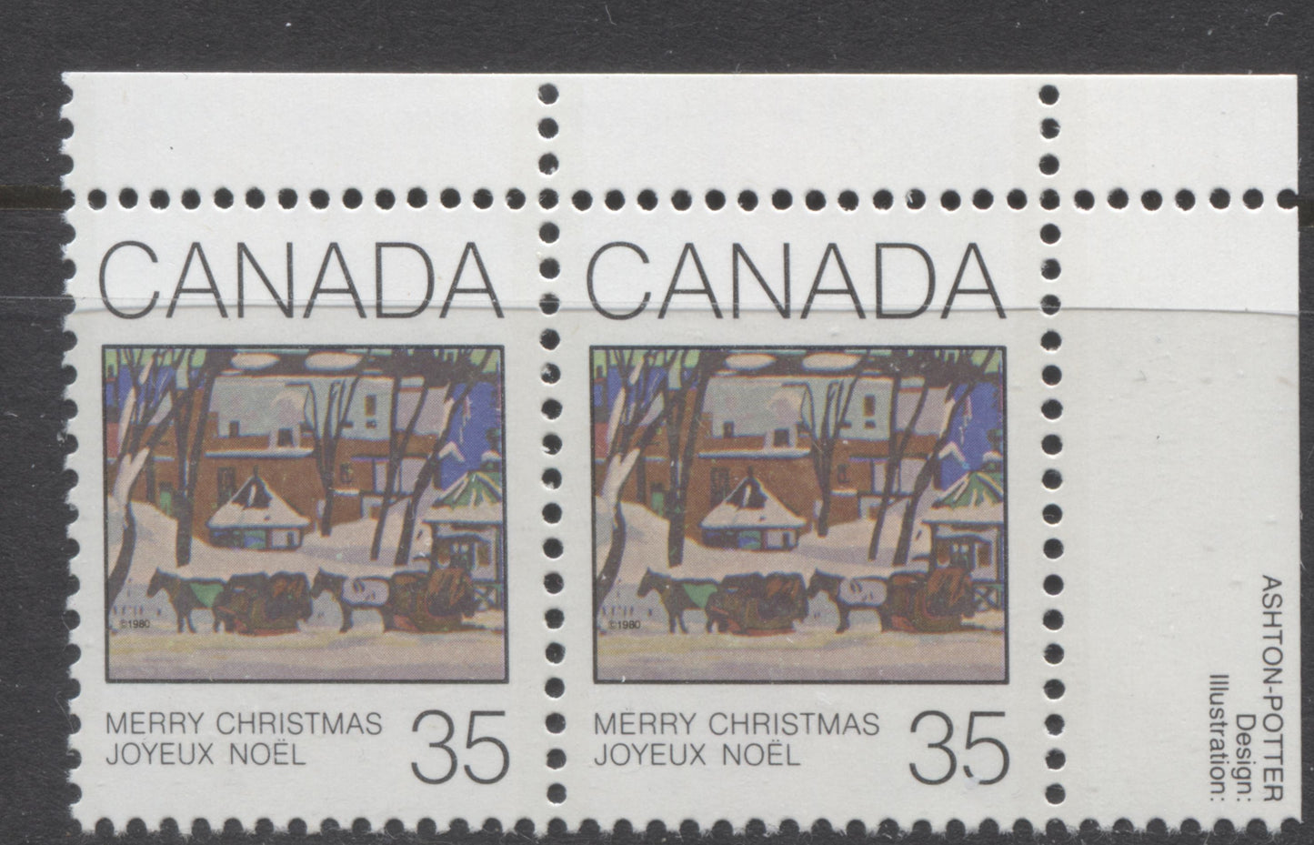 Lot 364 Canada #871var 35c Multicoloured McGill Cab, 1980 Christmas Issue, A VFNH UR Horizontal Pair, Mutiple Green Spots & Blue Donut Flaw in Night Sky (Pos. 4-5), NF/NF-fl Paper, Possibly Tertiary, Position Unknown