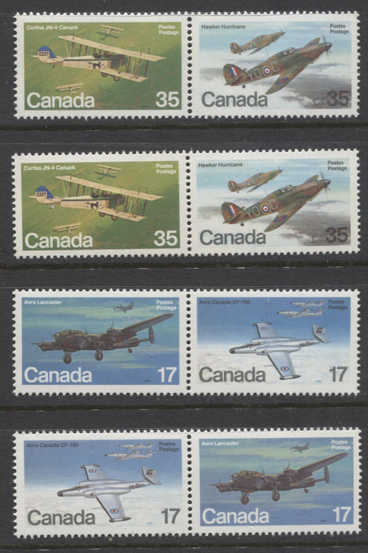 Canada #874a, 876a 17c Multicoloured Military Aircraft, 1980 Military Aircraft Issue, 4 VFNH Horizontal Se-Tenant Pairs, Various DF/DF and LF/LF Papers