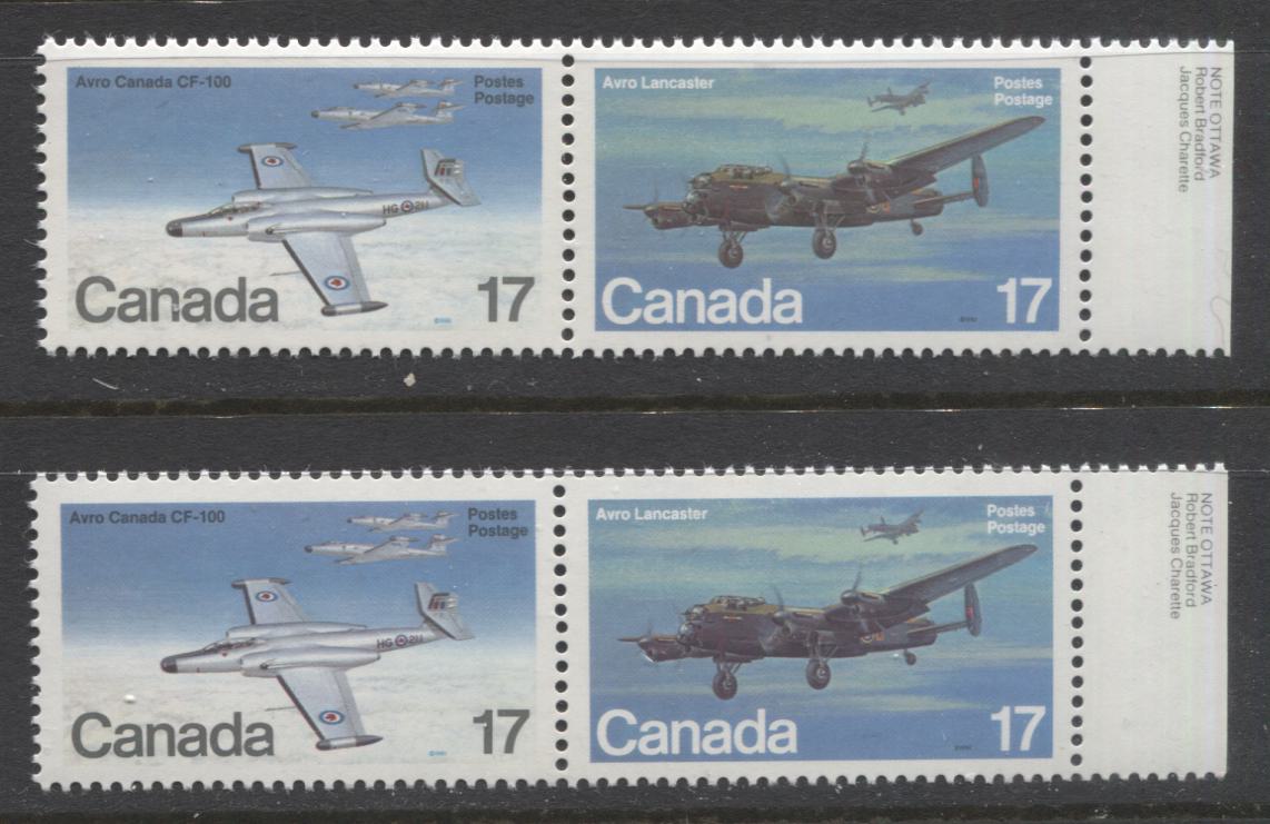 Lot 369 Canada #874a 17c Multicoloured Avro Lancaster & Avro Canada CF-100, 1980 Military Aircraft Issue, 2 VFNH Horizontal Se-Tenant Pairs, Signal Light on Wing Tip (Pos. 10) & Dot Above "A" Of "Canada", DF1/DF1 Paper, Tertiary & Possibly Tertiary