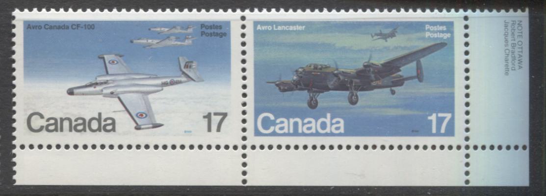 Lot 371 Canada #874a 17c Multicoloured Avro Lancaster & Avro Canada CF-100, 1980 Military Aircraft Issue, A VFNH Horizontal Se-Tenant Pair, Donut Flaw Above Wing Tip (Pos. 49), DF1/DF1 Paper, Possibly Tertiary