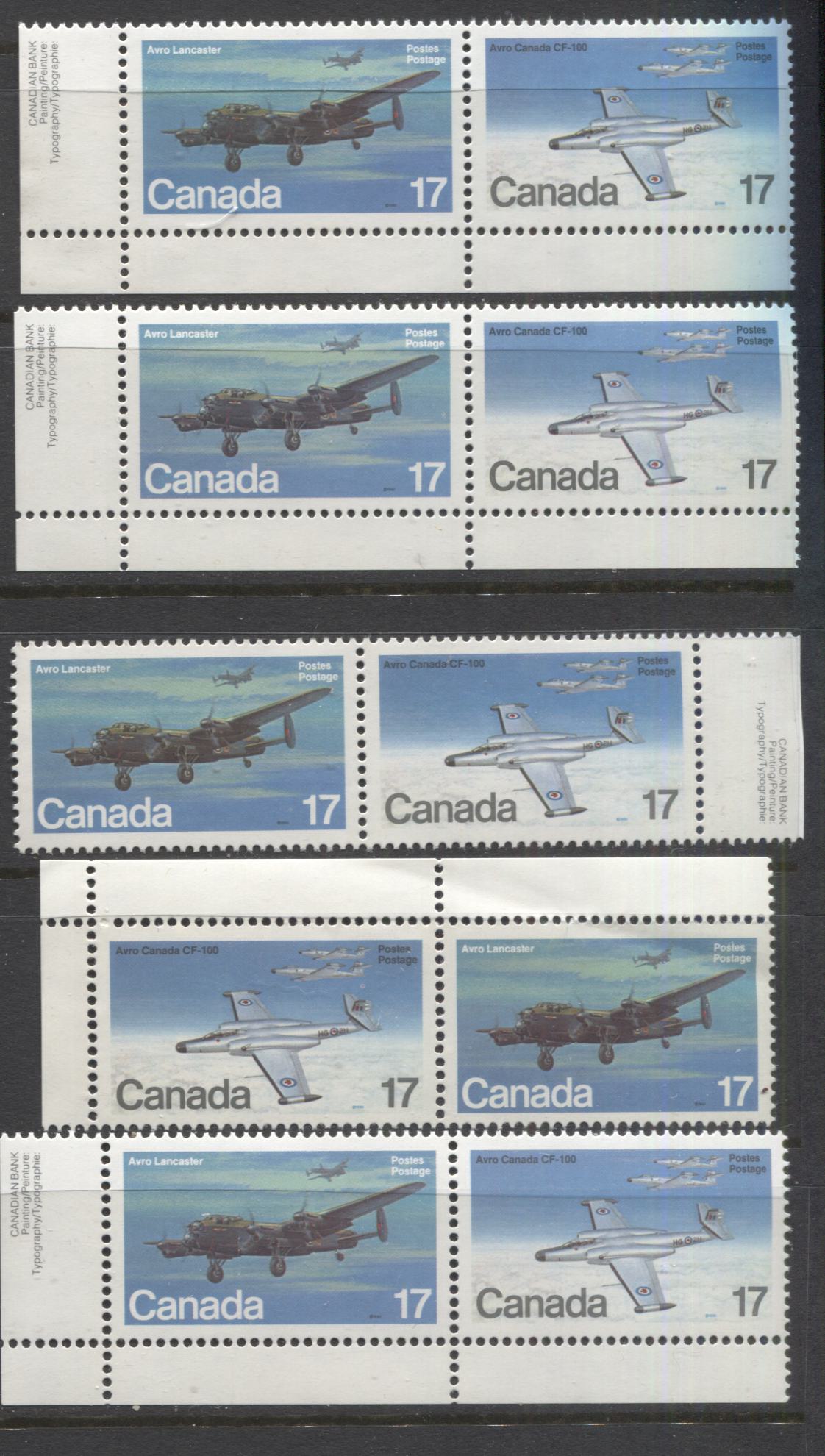 Lot 373 Canada #874a 17c Multicoloured, 1980 Military Aircraft Issue, 5 VFNH Horizontal Se-Tenant Pairs, All With Different Potentially Constant Varieties That Are Different From Other Lots, DF1/DF1 & DF1/DF2 Papers, Possibly Tertiary