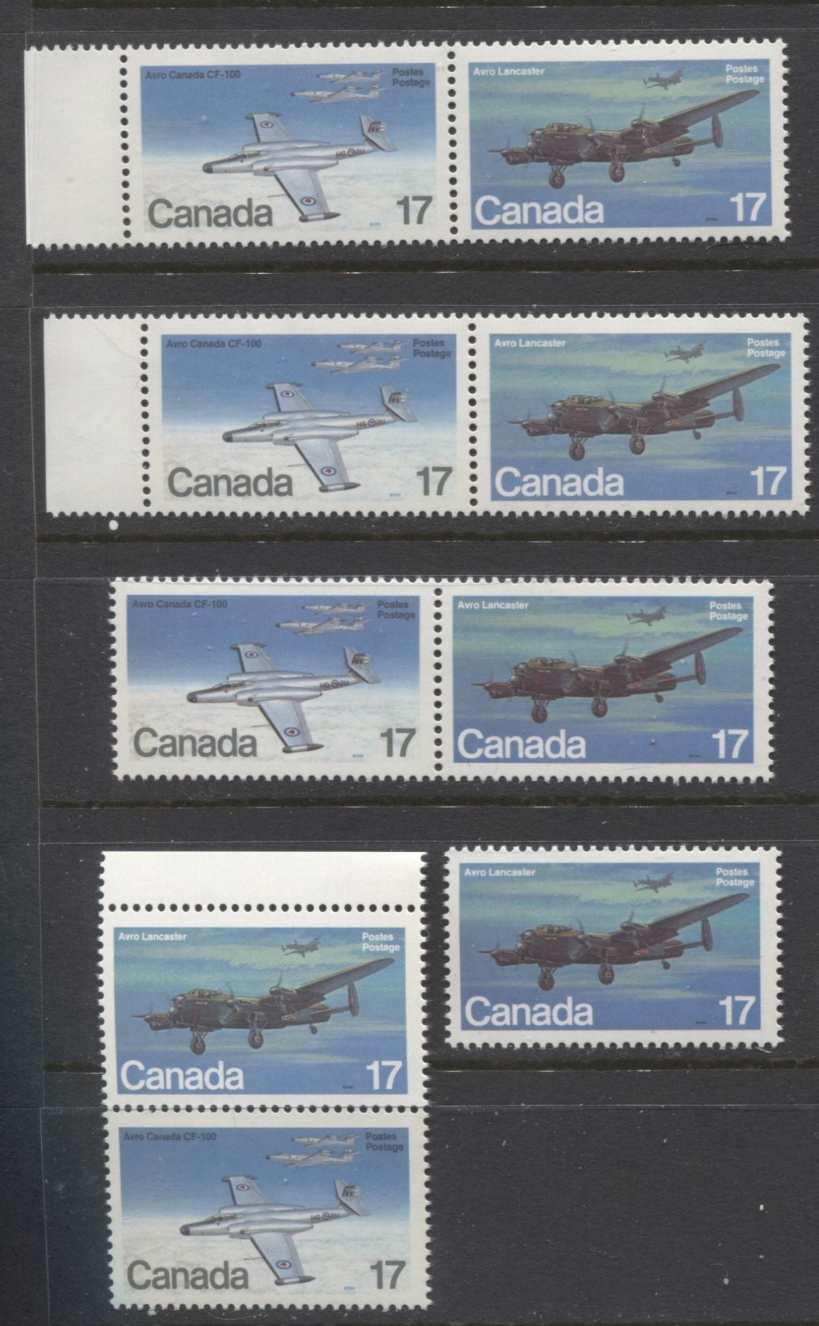 Lot 374 Canada #874a, 874ai 17c Multicoloured, 1980 Military Aircraft Issue, 4 VFNH Horizontal & Vertical Se-Tenant Pairs And 1 Single, All With Different Potentially Constant Varieties That Are Different From Other Lots, DF1/DF2 and LF3/LF3 Papers