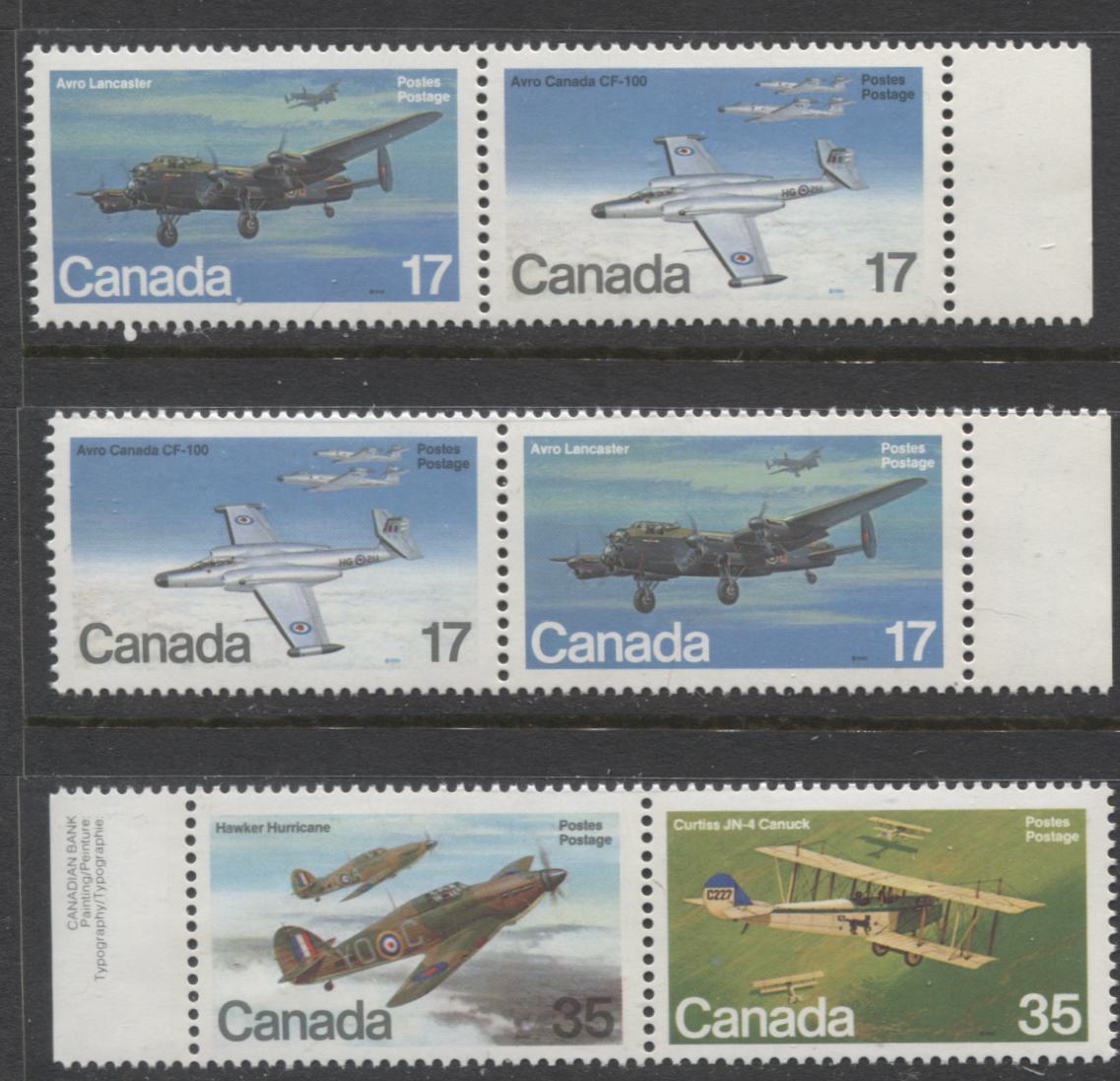 Lot 377 Canada #874a, 876a 17c Multicoloured Military Aircraft, 1980 Military Aircraft Issue, 3 VFNH Horizontal Se-Tenant Pairs, Donut Flaws on Plane Near Left Engine, Below Cockpit & Wheel Assembly, DF2/LF3 Paper, Possibly Tertiary, Various Positions