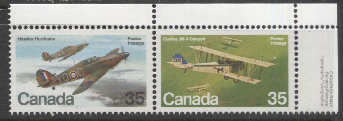 Lot 379A Canada #876a 17c Multicoloured Curtiss JN-4 Canuck, Hawker Hurricane, 1980 Military Aircraft Issue, A VFNH Horizontal Se-Tenant Pair, Donut Flaw To Right Of Wing Tip (Pos. 5), LF3/LF3 Paper, Possibly Tertiary