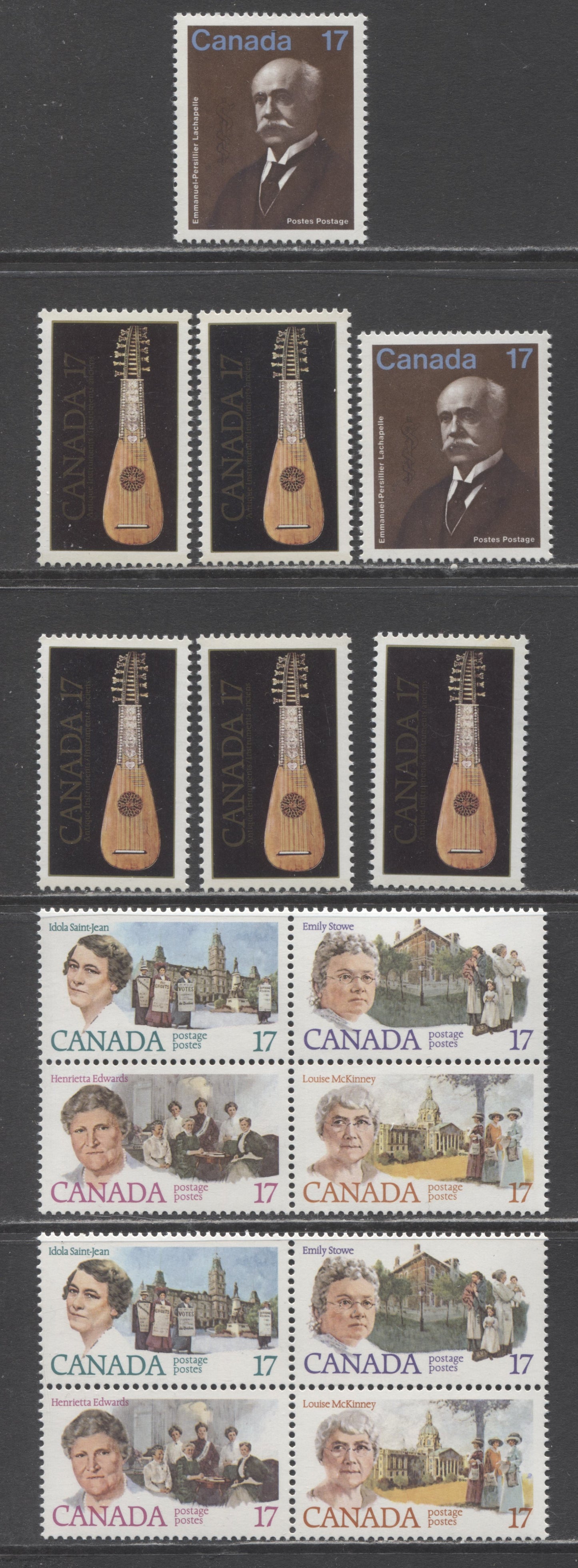 Canada #877-882a 17c Multicoloured E-P Lachapelle, Canadian  Feminists, 1981 E-P Lachapelle & Canadian  Feminists Issues, 2 VFNH Se-Tenant Blocks of 4 & 7 Singles, Various DF/DF, NF/NF, DF2/LF3 and DF1/DF2 Papers