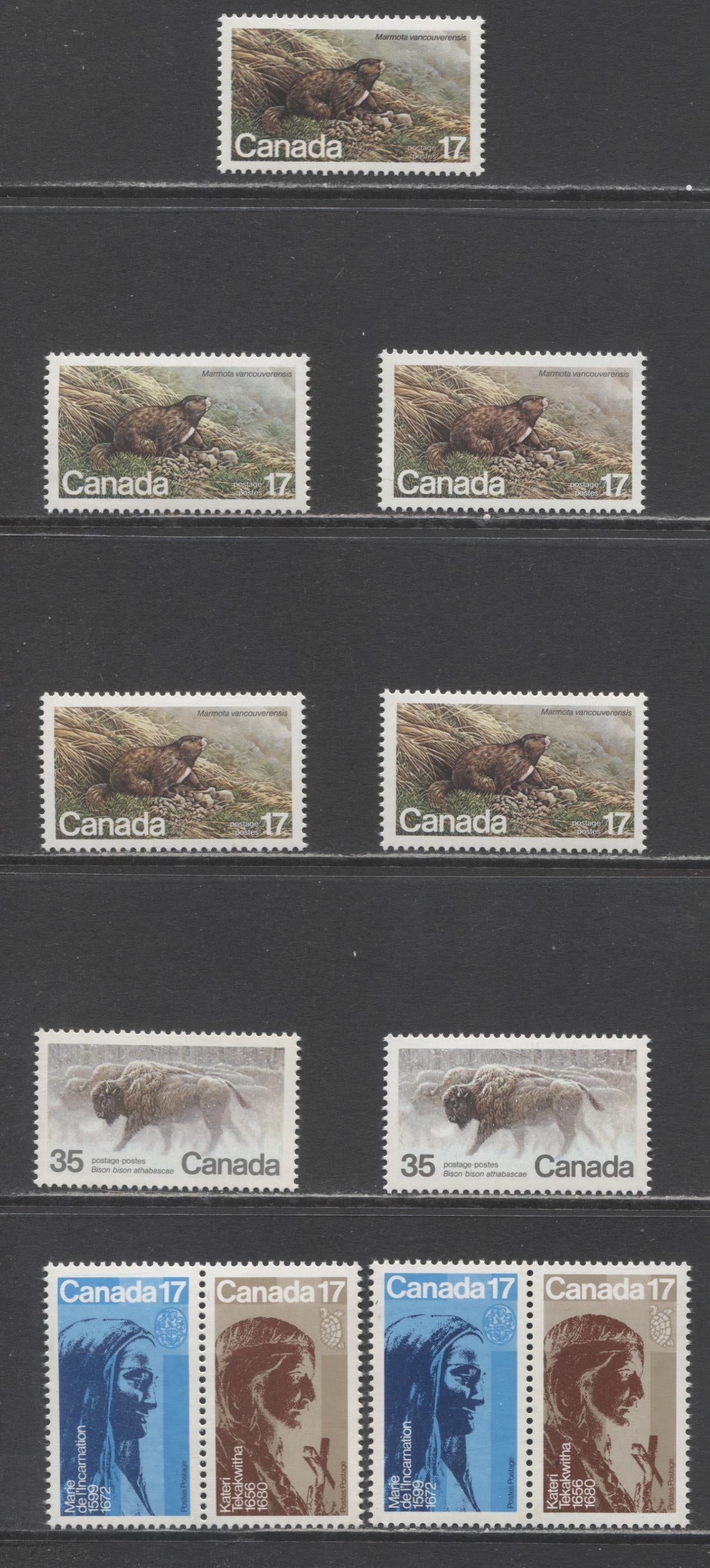 Canada #883-886a 17c-35c Multicoloured Marmot, Bison, Kateri Tekakwitha & Marie de L'Incarnation, 1981 Endangered Wildlife & Religious Personalities Issues, 2 VFNH Horizontal Se-Tenant Pairs & 7 Singles, DF/DF, DF/NF, NF/DF and NF/NF Papers