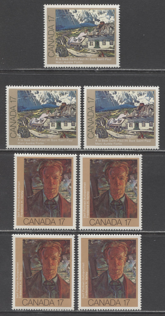 Canada #887-i, 888-i 17c Multicoloured At Baie St. Paul, Frederick Varley, 1981 Canadian Painters, 7 VFNH Singles, Various LF/DF, NF/NF, DF2/LF3, NF1/DF1, LF/MF, LF3/LF Papers