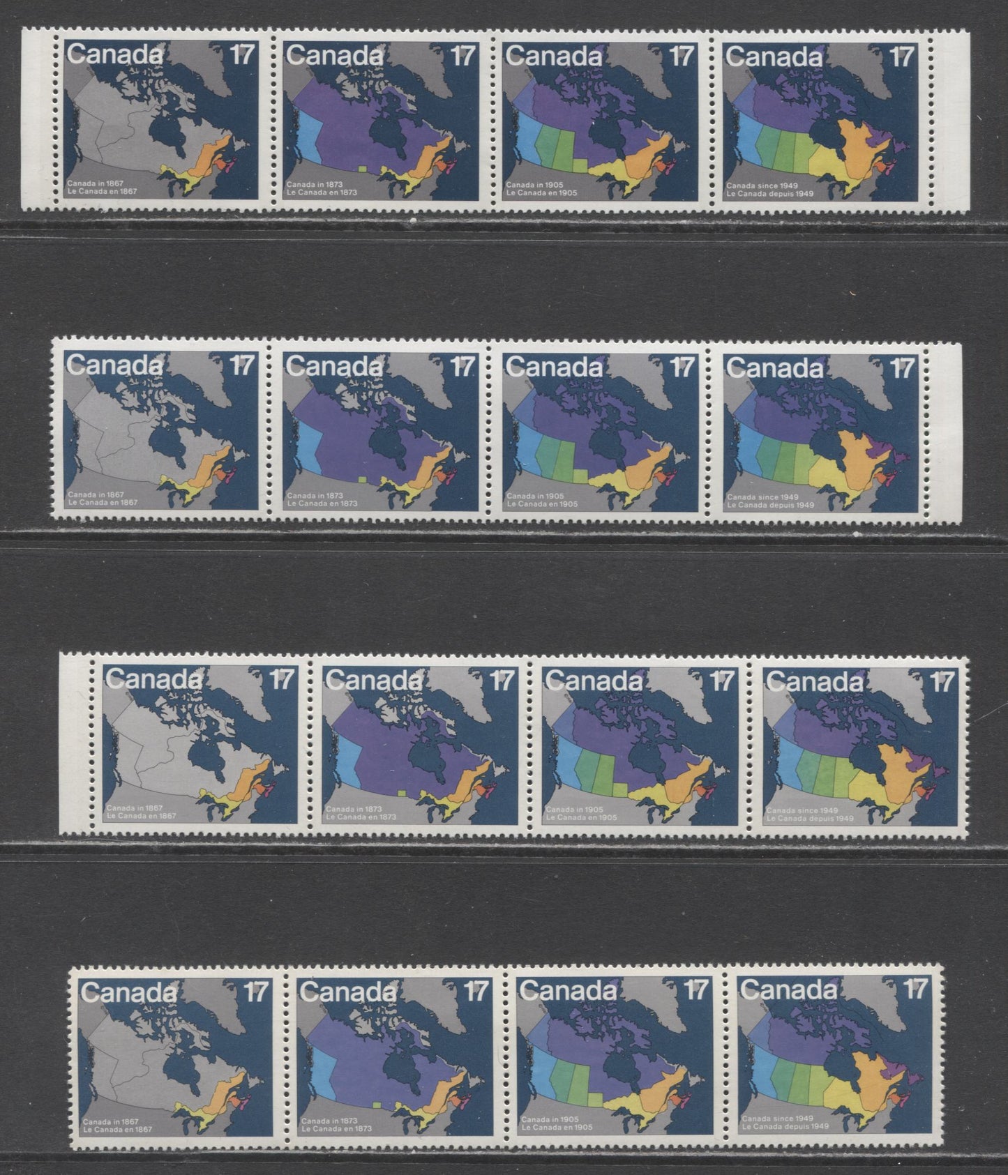 Canada #890-893 17c Multicoloured Maps of Canada, 1981 Canada Day Issue, 4 VFNH Strips of 4, Different Shades of Dark Blue, Purple & Violet, DF1/DF1 And DF1/DF2 Papers