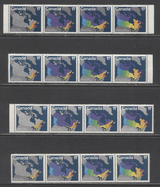 Lot 406 Canada #890-893 17c Multicoloured Maps of Canada, 1981 Canada Day Issue, 4 VFNH Strips of 4, Different Shades of Dark Blue, Purple & Violet, DF1/DF1 And DF1/DF2 Papers