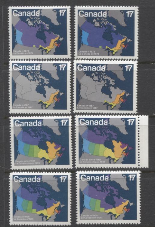 Lot 407 Canada #890-893 17c Multicoloured Maps of Canada, 1981 Canada Day Issue, 8 VFNH Singles, Very Dark Blue Ocean, DF1/DF2 Paper, Different Grey, Purple & Violet Shades