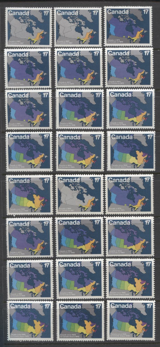 Lot 408 Canada #890-893 17c Multicoloured Maps of Canada, 1981 Canada Day Issue, 24 VFNH Singles, Dark Blue Ocean, DF/NF and DF1/DF1 Papers, Different Grey, Purple & Violet Shades