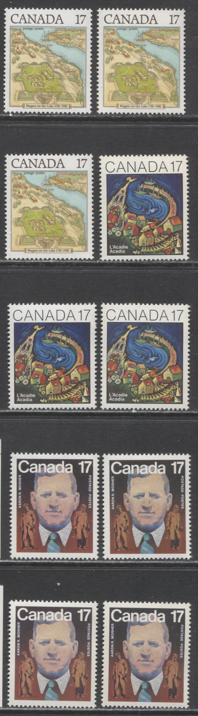 Canada #897-899, 897i, 899i 17c Multicoloured Various Subjects, 1981 Niagara-On-The-Lake, Acadians & Aaron Mosher Issues, 10 VFNH Singles, Various LF/F, DF/DF, NF/NF, DF/LF and NF/DF Papers