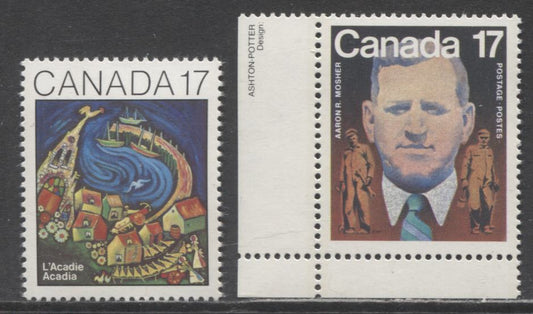 Lot 423 Canada #898i, 899i 17c Multicoloured L'Acadie & Aaron Mosher, 1981 Acadians & Aaron Mosher Issues, 2 VFNH Singles, Scarce LF3/LF4-fl Paper, Much Scarcer Than Unitrade Suggests