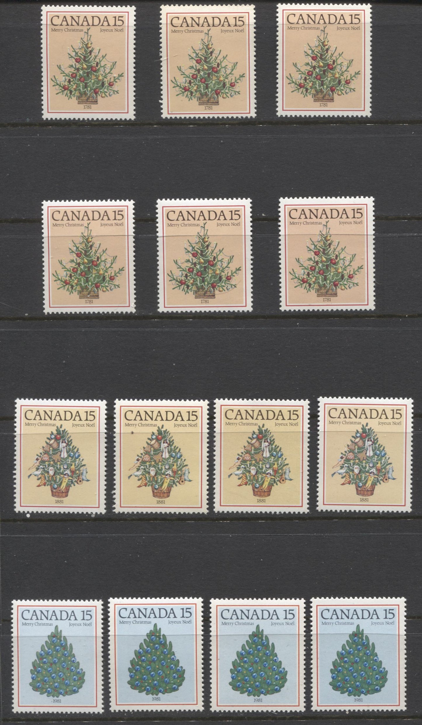 Canada #900-902i 15c Multicoloured Christmas Trees, 1981 Christmas Issue, 14 VFNH Singles, Various NF/DF, NF/NF-fl, DF/LF, LF/LF, LF/F, DF/DF, NF/NF Papers